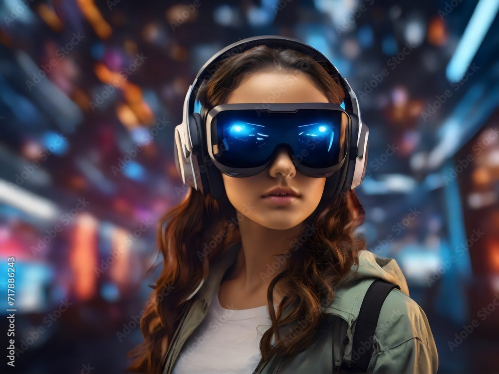 Futuristic virtual reality portrait photography, capturing the young woman's expression of amazement as she interacts with the metaverse through a VR headset Futuristic virtual reality portrait photography, capturing the young woman's expression of amazement as she interacts with the metaverse through a VR headset