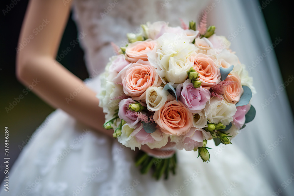 Generative ai collage cropped photo of hcarming bride hold wedding blossom flowers Generative ai collage cropped photo of hcarming bride hold wedding blossom flowers