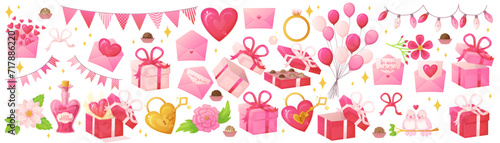 Pink Valentine day objects set. Romantic decoration symbols in realistic cartoon style.