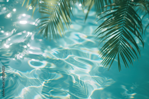 Palm tree hanging over pool water. Background image. Created with Generative AI technology © Artem