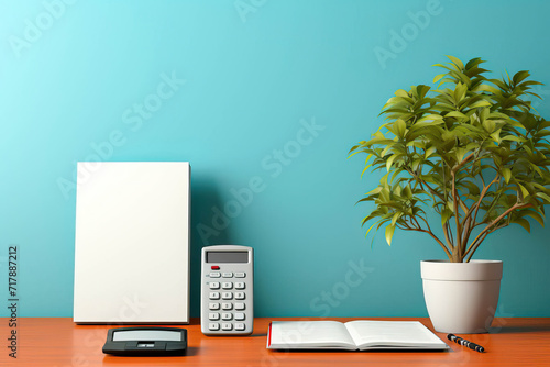 business still life concept with a calculator and a plant photo