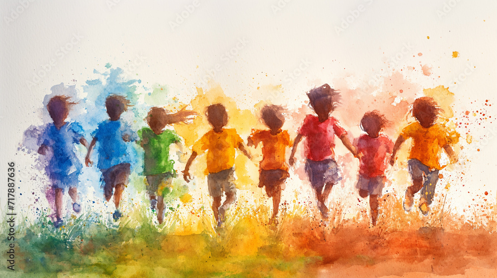 Naklejka premium Colourful silhouettes of children are running on white background. Selective focus. Happy childhood concept. Watercolour illustration.