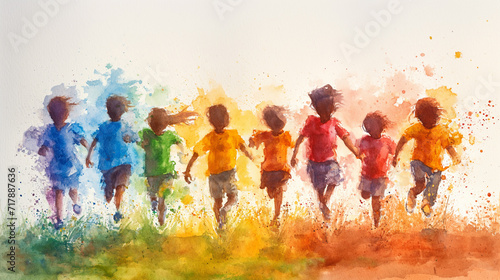 Colourful silhouettes of children are running on white background. Selective focus. Happy childhood concept. Watercolour illustration.