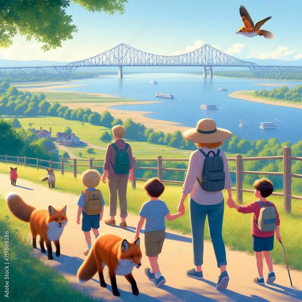 Obraz premium A family is taking a walk in Mississippi in sunny weather and they have dogs and foxes. The view is very beautiful.