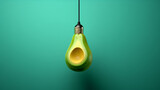 Eco-friendly energy idea, featuring a minimalist background with a avocado hanging from a bulb socket, symbolizing the fusion of sustainable power and environmental consciousness.