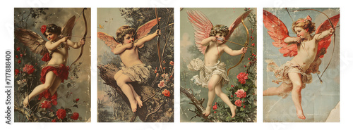 Imitation of old retro vintage cards, typographic printing. Valentine's Day Cupid with bow and arrow shoots. Nostalgic trend. Set of vertical cards in the same style