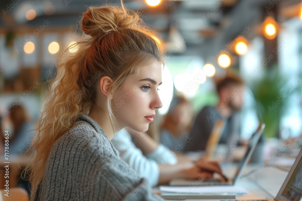 Portrait of a woman working on a computer in a modern bright and green Office. Blurred background. Generated AI. Portrait of a woman working on a computer in a modern bright and green Office. Blurred background. Generated AI.
