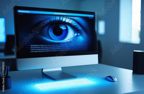 Computer Monitor with Blue Neon Eye on the Screen standing in the Modern Office or Clinic. Ophthalmology Creative Concept Idea. Technology. Biometric Eyes Scan. Eyesight correction. Retinal Diagnostic photo