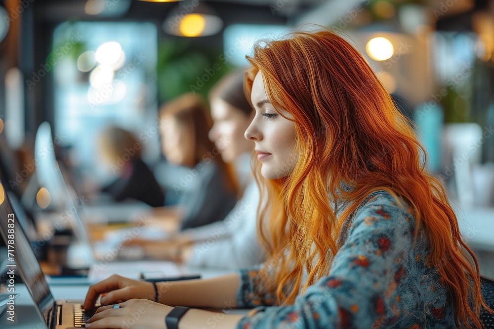 Portrait of a woman working on a computer in a modern bright and green Office. Blurred background. Generated AI. Portrait of a woman working on a computer in a modern bright and green Office. Blurred background. Generated AI.