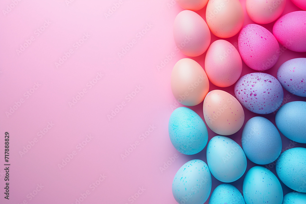 A visually compelling Easter scene with vibrant eggs arranged on one side, creating a harmonious balance with an empty space on the other. A visually compelling Easter scene with vibrant eggs arranged on one side, creating a harmonious balance with an empty space on the other.