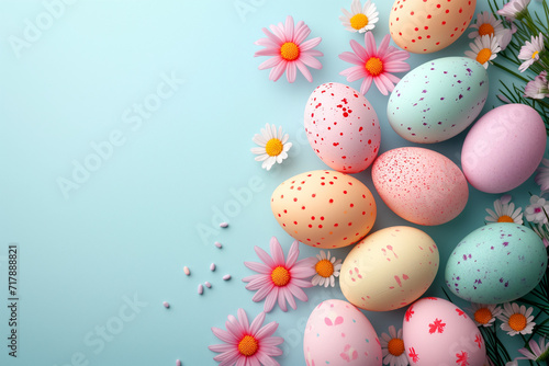 A visually compelling Easter scene with vibrant eggs arranged on one side, creating a harmonious balance with an empty space on the other.