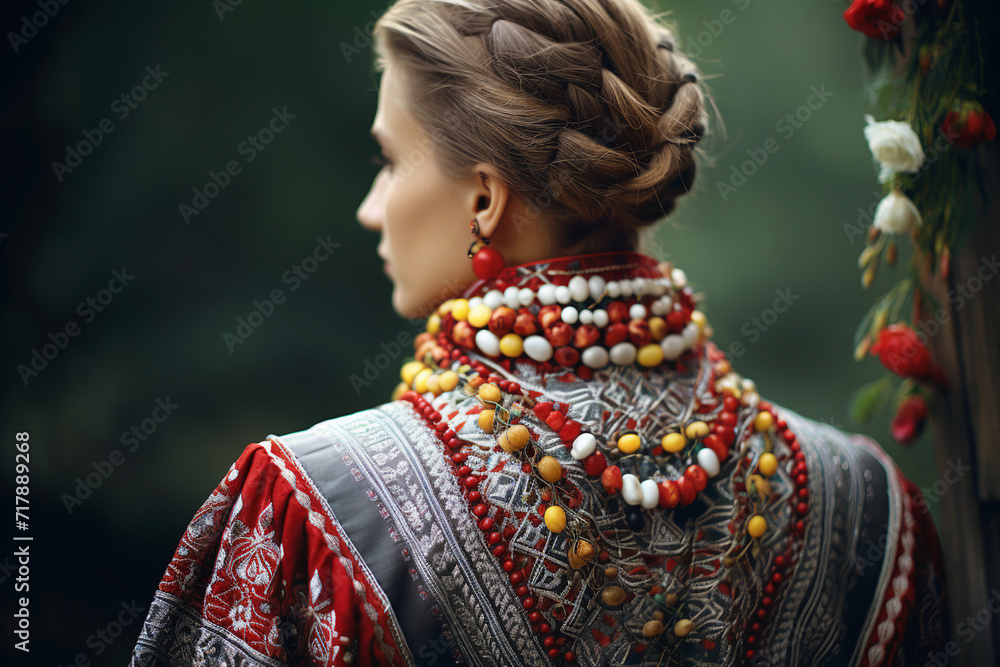 Beautiful Slavic girl in white and red embroidered national costume generative AI concept