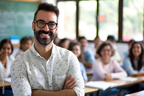 Portrait of smiling male teacher in classroom with students learning in background photo
