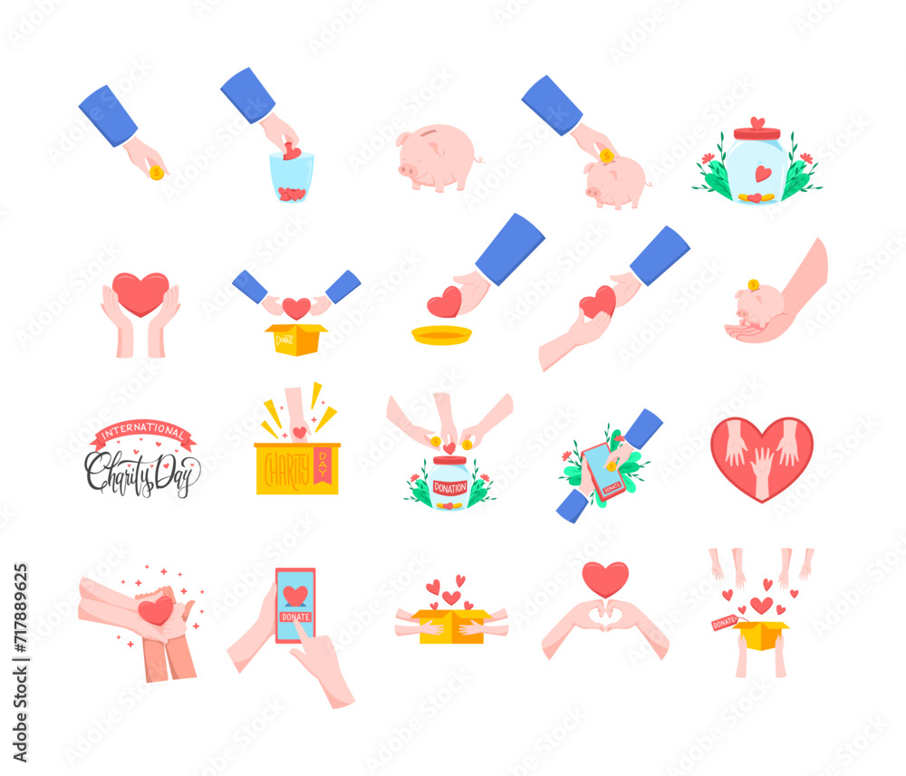 International charity day flat vector illustration design elements. September 5th donation and charity celebration.