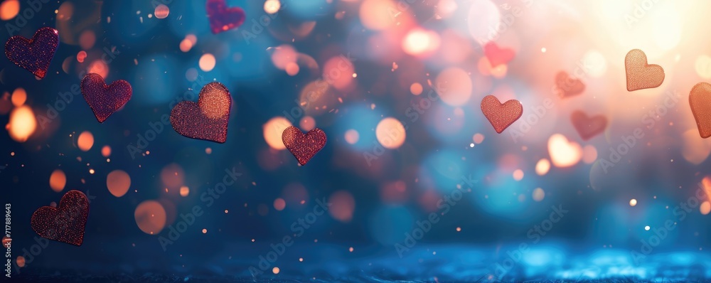 Valentine's day moment Ethereal hearts rise amidst a dreamy backdrop of sparkling bokeh, evoking feelings of love and romance in an enchanting purple hue setting. Ai generative
 - obrazy, fototapety, plakaty 