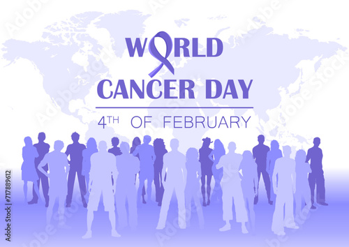 World Cancer Day Concept. Lavender ribbon, people silhouettes