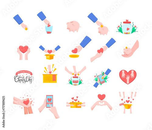 International charity day flat vector illustration design elements. September 5th donation and charity celebration.