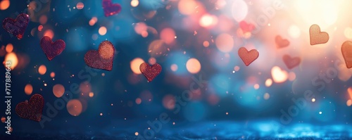 Valentine's day moment Ethereal hearts rise amidst a dreamy backdrop of sparkling bokeh, evoking feelings of love and romance in an enchanting purple hue setting. Ai generative
 photo