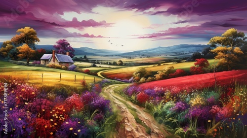 Sunset over the field, rural countryside landscape, rich ripe meadow, art on canvas, painting photo