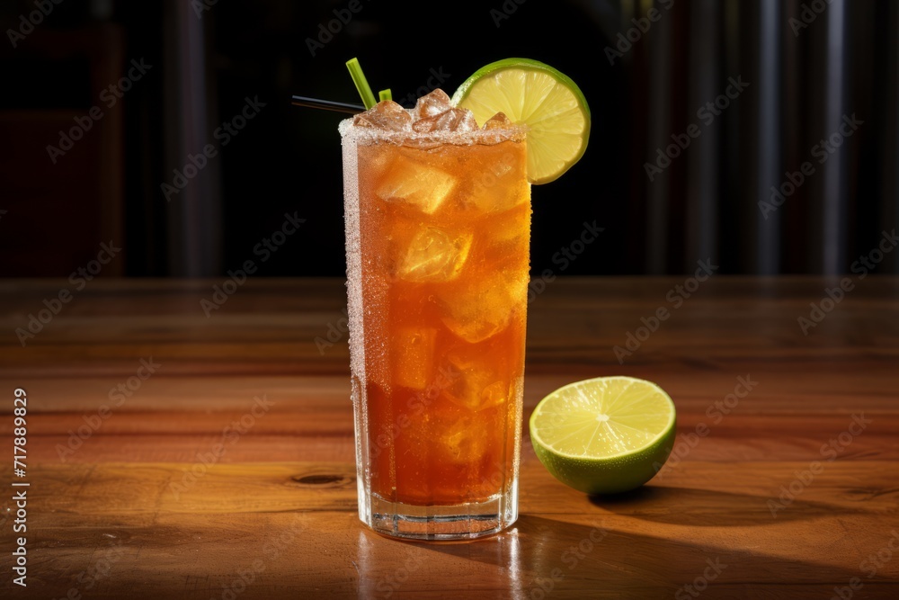 Fototapeta premium Enjoying a Traditional Mexican Michelada Drink, Perfectly Garnished and Served in the Warm Outdoor Light