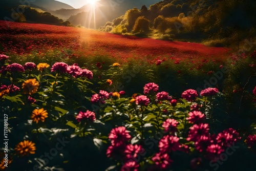 pink flower field in sunset