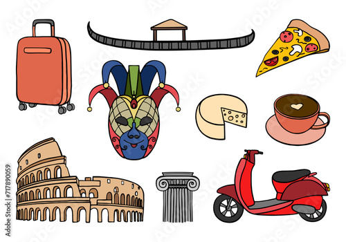 set vector symbols of Italy, sketch travel and tourism concept