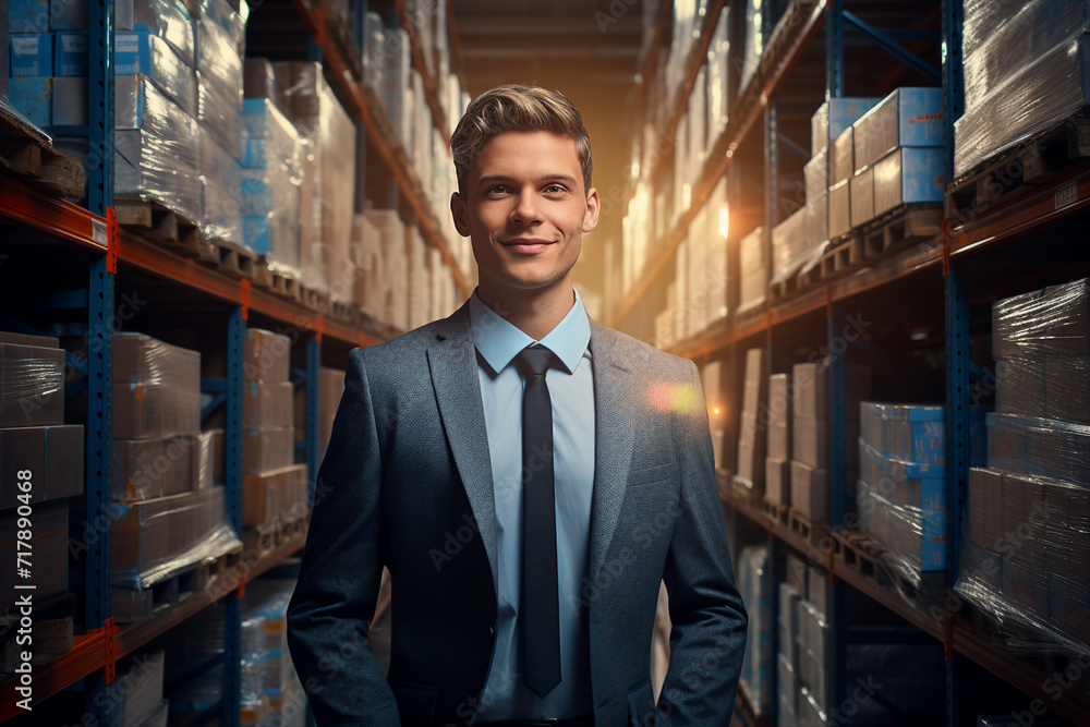 Designed with generative ai technology picture of smiling male supervisor in warehouse Designed with generative ai technology picture of smiling male supervisor in warehouse