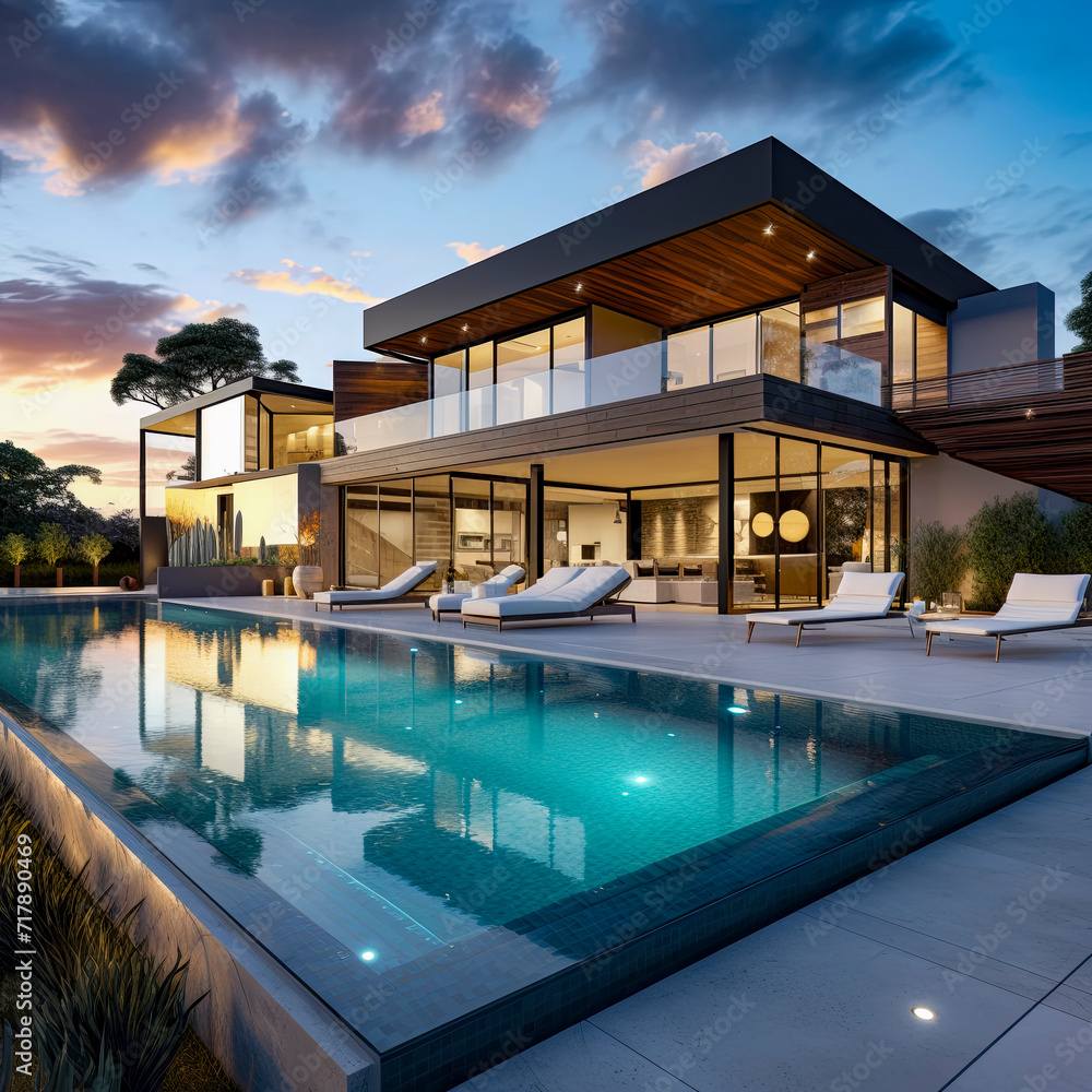lifestyle photo modern house with pool.