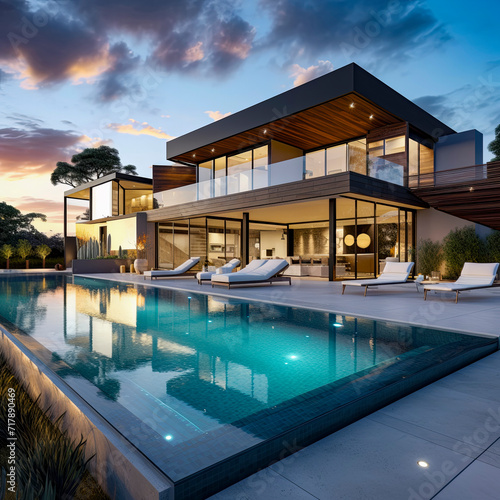 lifestyle photo modern house with pool. © mindstorm