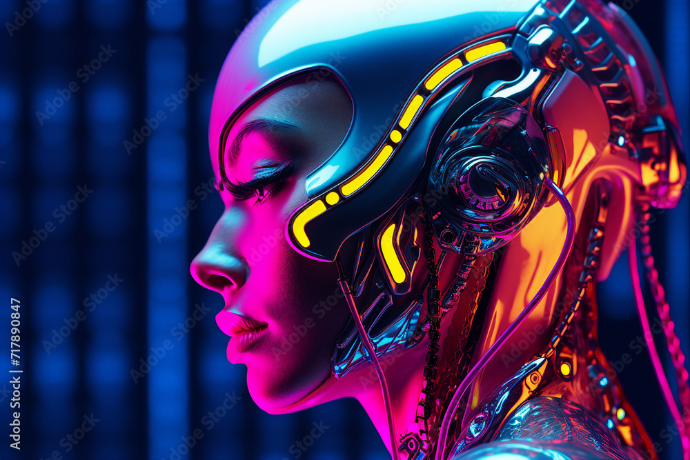 Ai generative science fiction picture of futuristic cyberpunk cyborg illuminated with bright neon colors