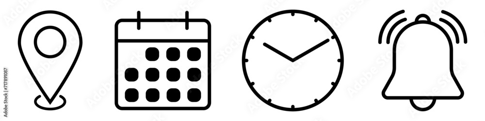 Set Of Location Time Date Reminder Icons For Event Set Of Location Time Date Reminder Icons For Event