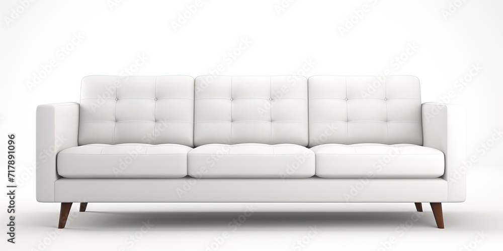 Contemporary white fabric sofa with three seats, isolated on a white background.