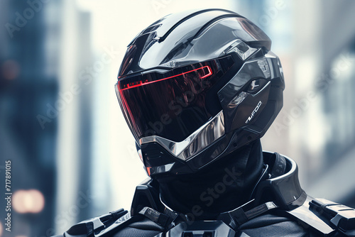 Surreal modern cyborg with a cyberpunk helmet on a futuristic background made with generative AI © Tetiana