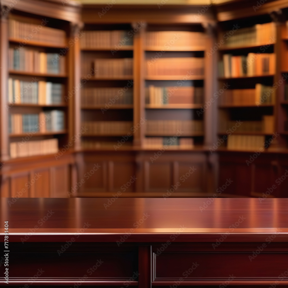 Empty wooden desk counter. Blurry old library interior with table. Table-top view on blurred background of classroom setting. Banner for displaying educational product or design. Vintage bookshop ad. Empty wooden desk counter. Blurry old library interior with table. Table-top view on blurred background of classroom setting. Banner for displaying educational product or design. Vintage bookshop ad.