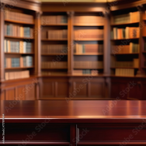 Empty wooden desk counter. Blurry old library interior with table. Table-top view on blurred background of classroom setting. Banner for displaying educational product or design. Vintage bookshop ad.