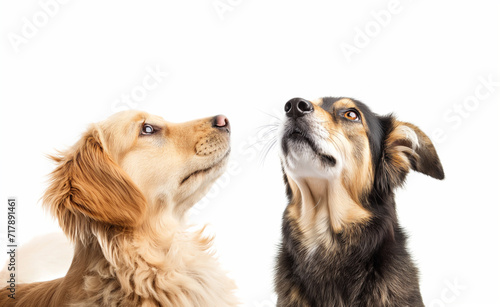 Two dogs looking up, isolated on white background.