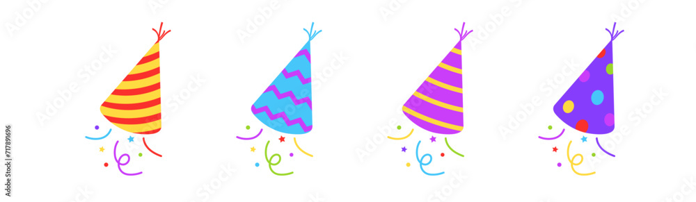 Festive cones poppers set. Carnival christmas colorful explosive surprise with confetti and serpentine for anniversary celebration and vector birthday