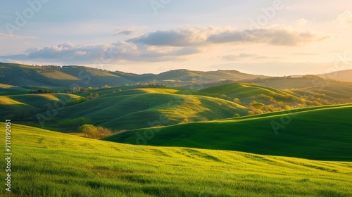 A scenic landscape of rolling hills, for environmental or agricultural stories