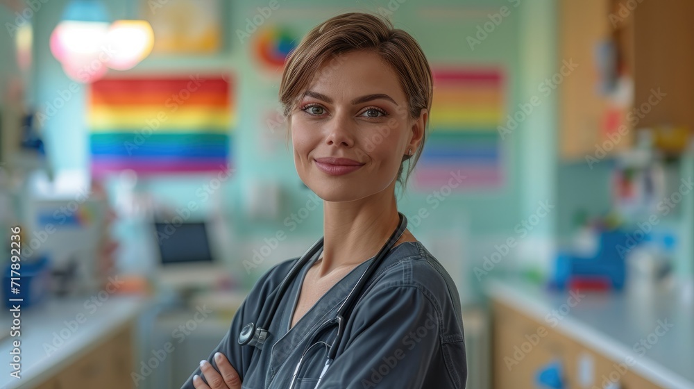 LGBT doctor women in medicine shirt and LGBT rainbow flag on background in medicine office. Generative AI. LGBT doctor women in medicine shirt and LGBT rainbow flag on background in medicine office. Generative AI.