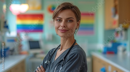 LGBT doctor women in medicine shirt and LGBT rainbow flag on background in medicine office. Generative AI. photo
