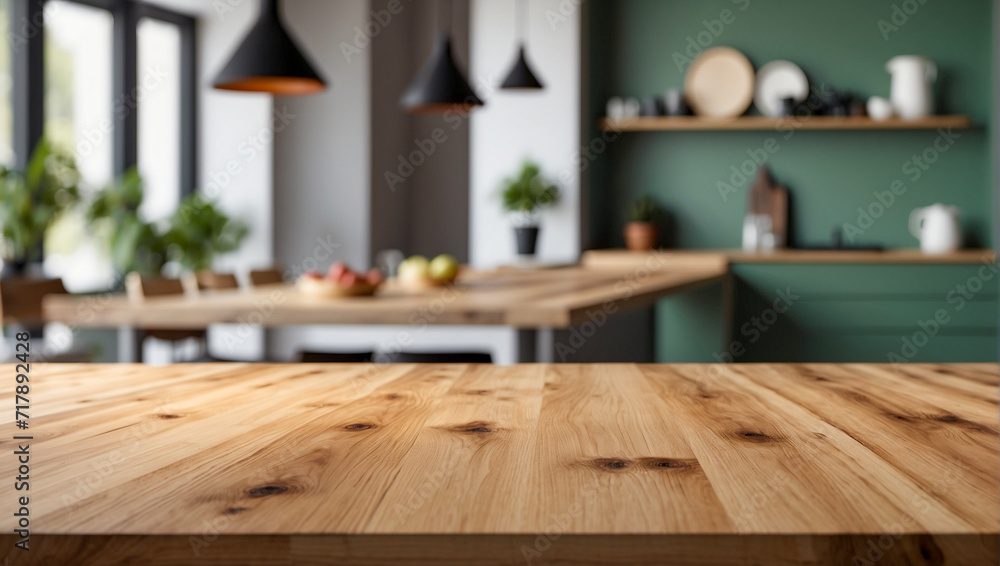 Wooden table top on blur kitchen room Wooden table top on blur kitchen room