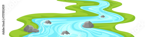 Winding river with grassy green coast template. Mountain stream of water with stones and strong current moves into colorful vector distance