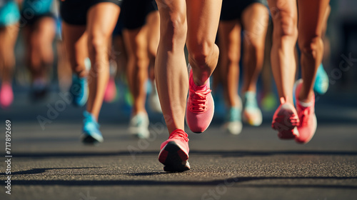 The legs of a group of marathon runners in a race