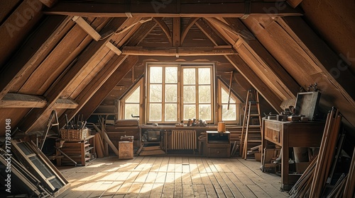 The attic of the loft with wooden beams and tools. Generative AI.