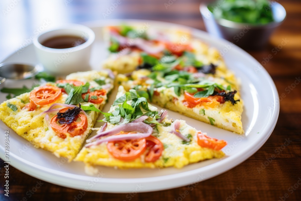 sliced triangles of cauliflower pizza arranged like a fan on plate sliced triangles of cauliflower pizza arranged like a fan on plate