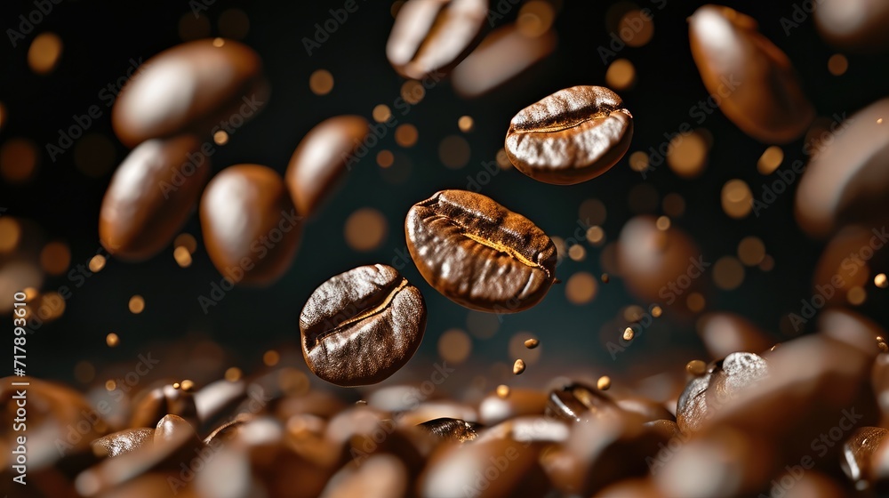 Brown roasted coffee beans falling and flying on black background. Generative AI. Brown roasted coffee beans falling and flying on black background. Generative AI.