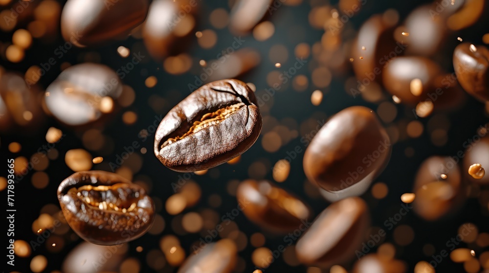 Brown roasted coffee beans falling and flying on black background. Generative AI.