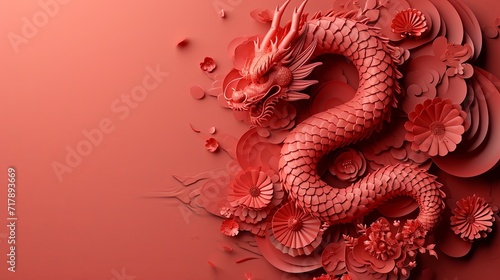 Illustration of red dragon sculpture over red background with floral elements