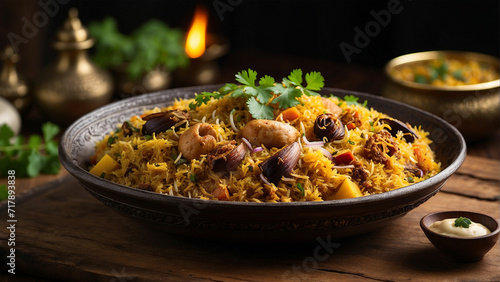 veg biryani served on a traditional plate, viewed from the side, resting on a sturdy wooden table the cultural significance of the presentation, showcasing the connection between the dish, the plate, 