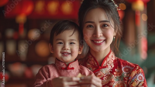 Happy asian family celebrate Chinese New Year. Mother and child in traditional cheongsam.